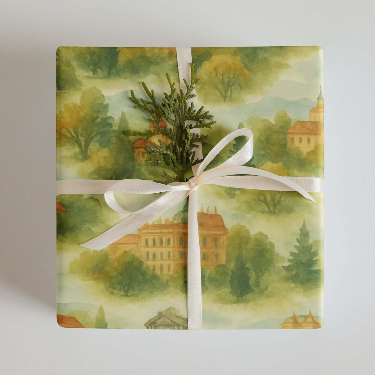 Madrid Wrapping Paper beautifully illustrated gift wrap with hand-painted architecture and greenery.