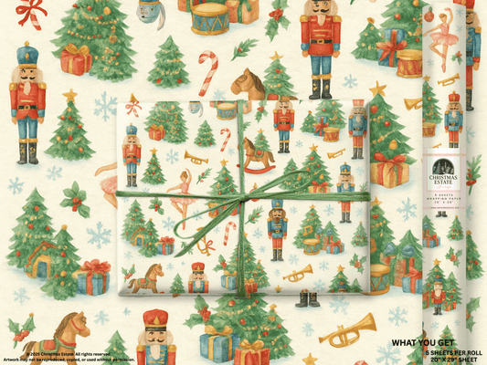 Nutcracker Christmas Wrapping Paper featuring nutcracker soldiers, Christmas trees, and festive icons on a whimsical design.