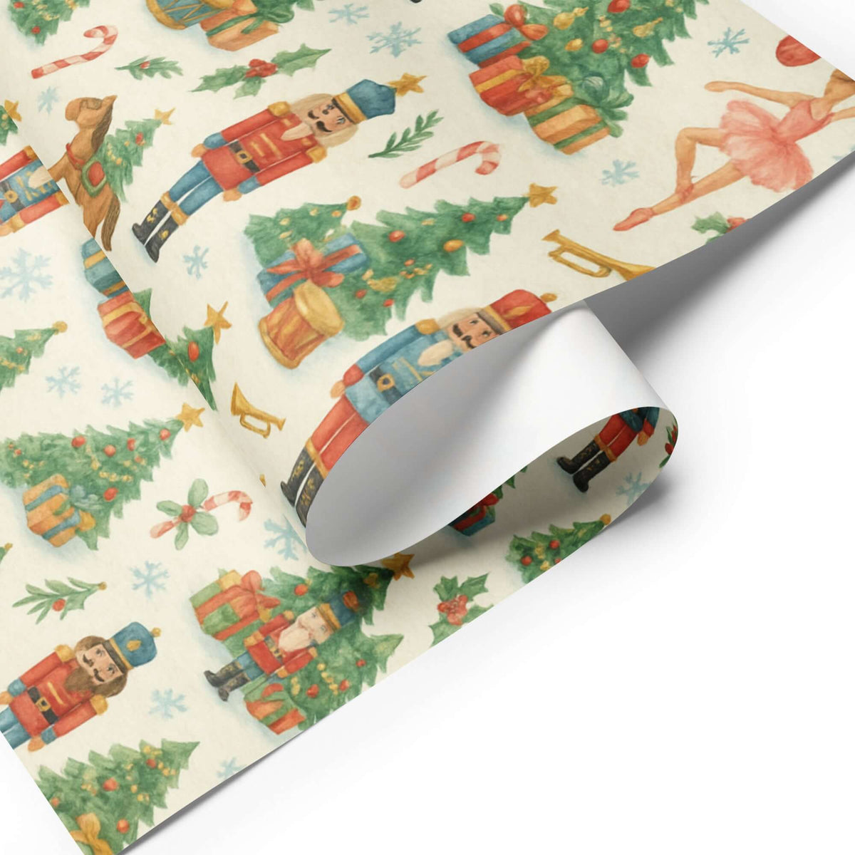 Nutcracker Christmas Wrapping Paper featuring nutcracker soldiers, ballerinas, Christmas trees, and festive gifts.