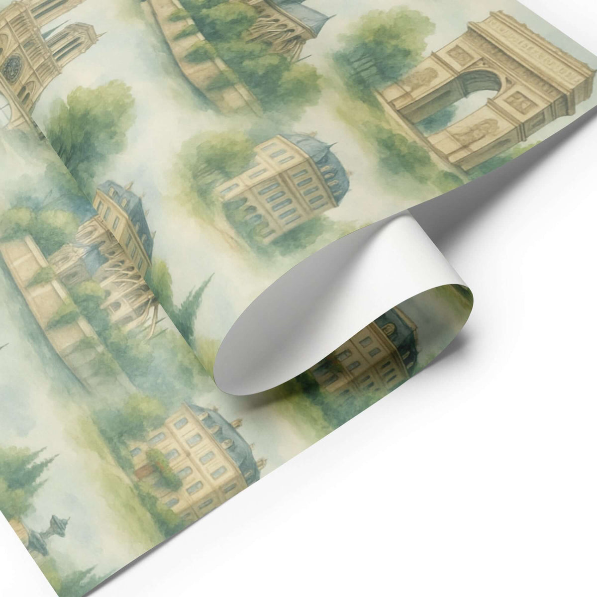 Elegant Paris Wrapping Paper featuring iconic Parisian landmarks in soft watercolor tones.