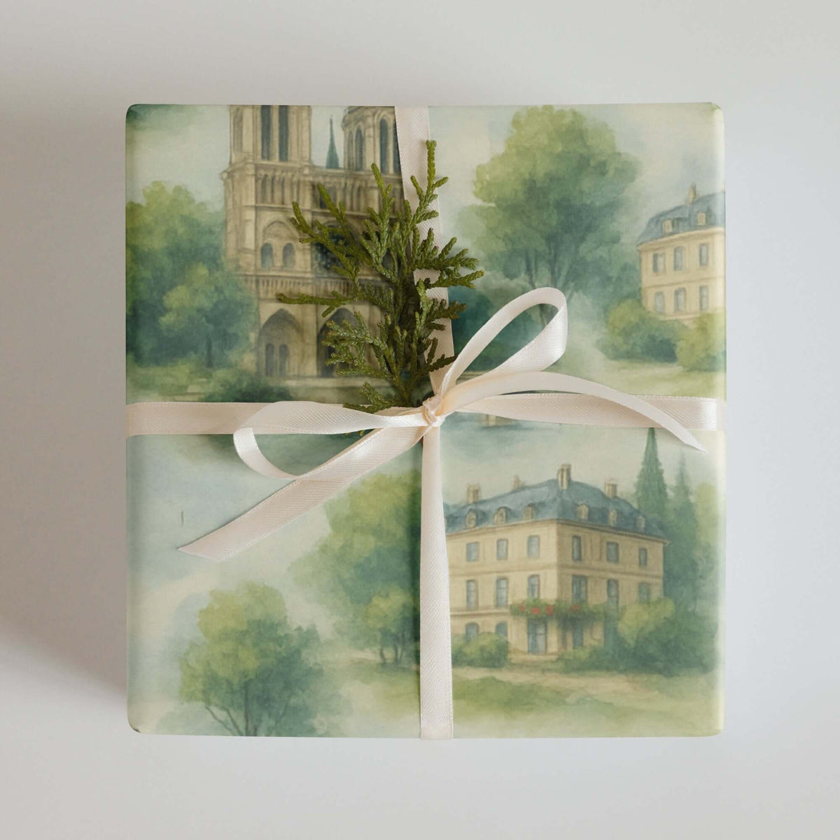 Paris Wrapping Paper featuring elegant illustrations of Notre-Dame and classic Parisian architecture.
