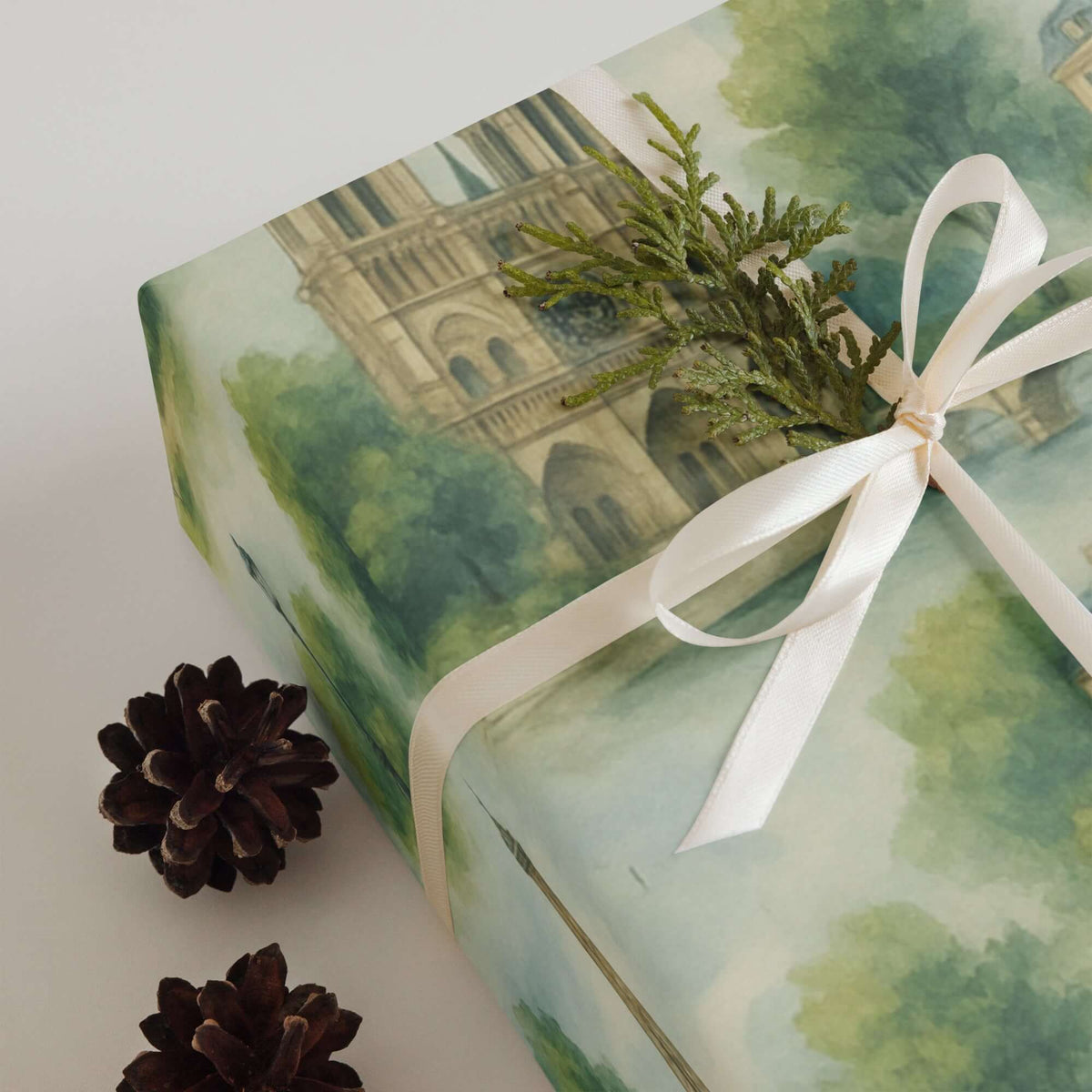 Elegant Paris Wrapping Paper featuring Notre-Dame illustration, ideal for gift wrapping with a romantic French touch.