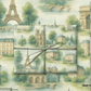 Paris Wrapping Paper featuring iconic landmarks like the Eiffel Tower, Arc de Triomphe, and classic Parisian architecture.