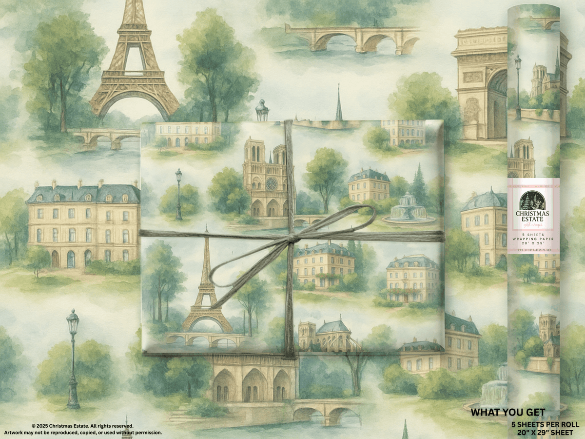 Paris Wrapping Paper featuring iconic landmarks like the Eiffel Tower, Arc de Triomphe, and classic Parisian architecture.