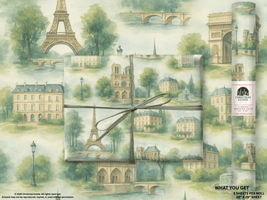 Paris Wrapping Paper featuring iconic landmarks like the Eiffel Tower, Arc de Triomphe, and classic Parisian architecture.