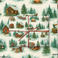 Rustic Christmas wrapping paper featuring hand-painted scenes of cabins, trees, and holiday accents in watercolor design.