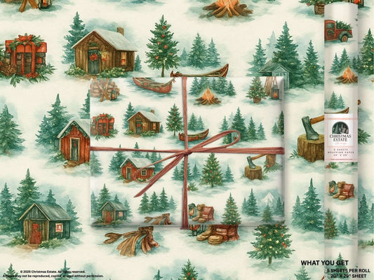 Rustic Christmas wrapping paper featuring hand-painted scenes of cabins, trees, and holiday accents in watercolor design.