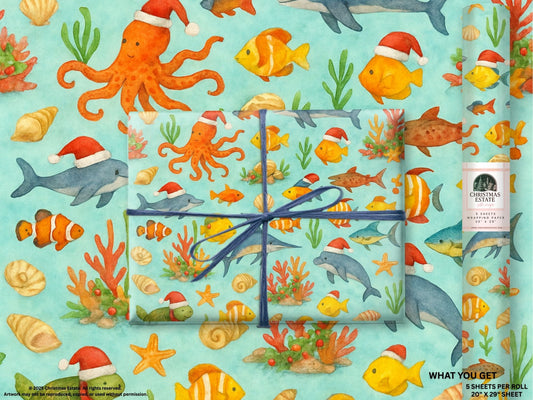 Luxury Christmas wrapping paper featuring vibrant watercolor sea creatures with festive accents, perfect holiday gift wrap.