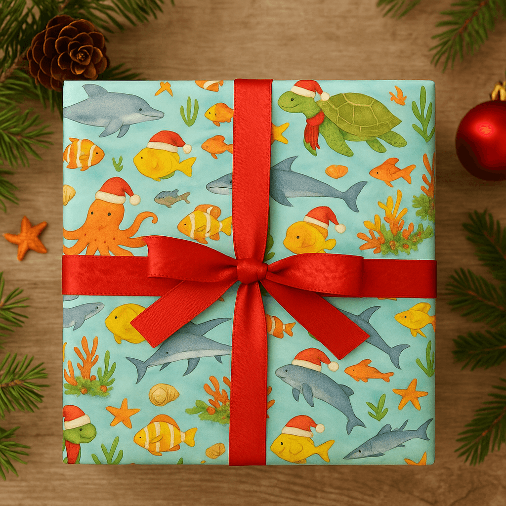 Luxury Christmas wrapping paper featuring vibrant watercolor sea creatures with festive accents and a red bow.