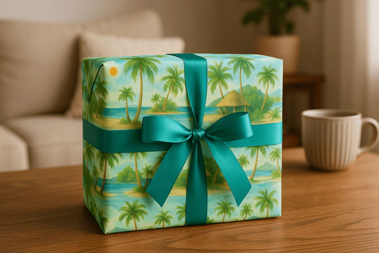 Serene beach wrapping paper with tropical palm design, ribbon, and eco-friendly packaging on wooden table.