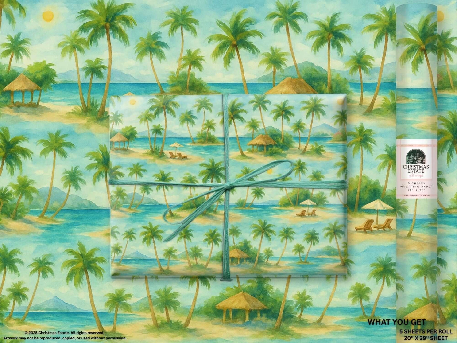 Luxury Christmas wrapping paper showcasing a watercolor beach scene with palm trees and tropical cabanas.