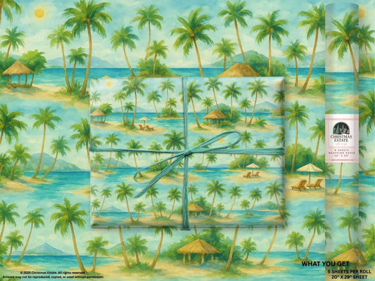 Luxury Christmas wrapping paper showcasing a watercolor beach scene with palm trees and tropical cabanas.