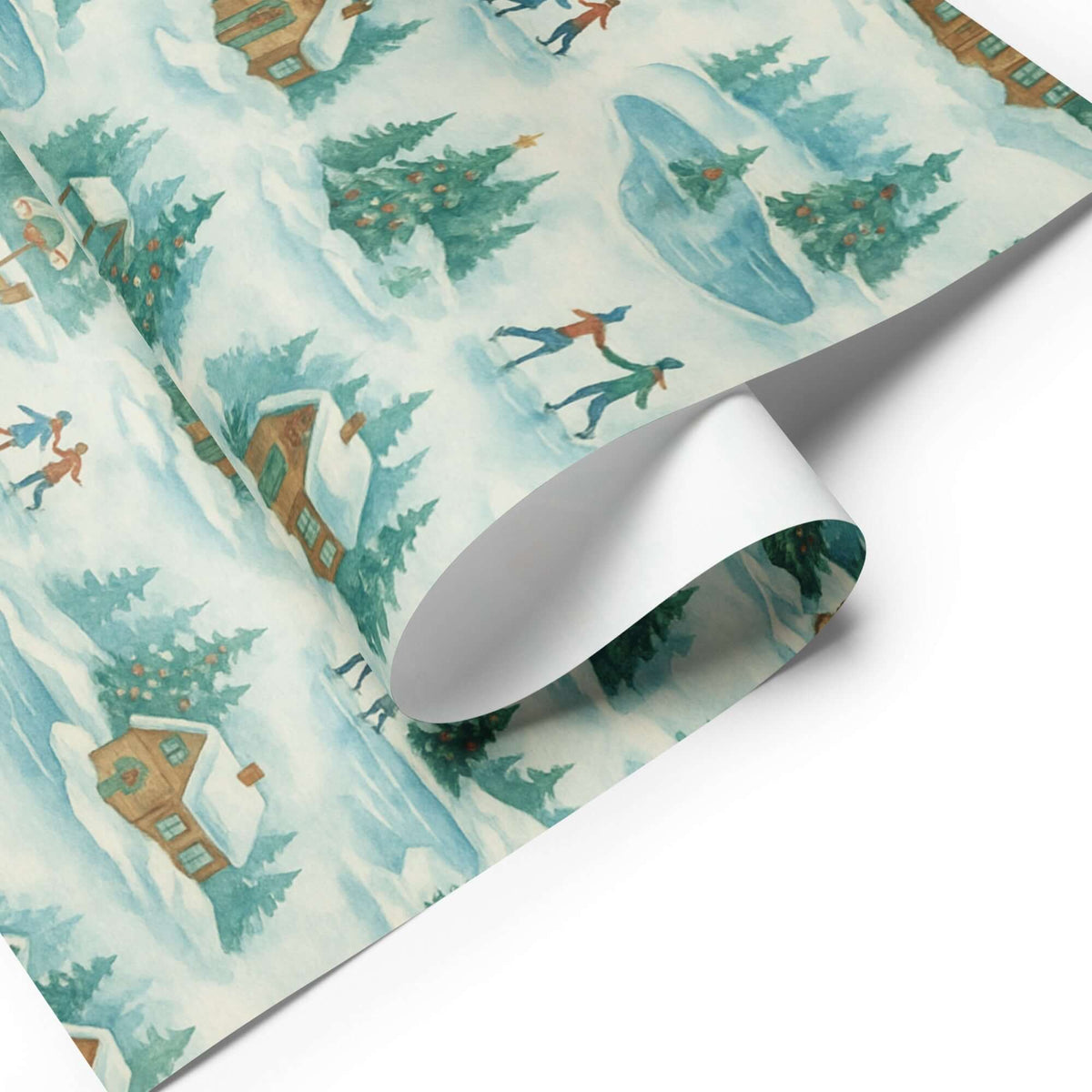 Skating Winter Christmas Wrapping Paper featuring skaters, cabins, and snow-covered trees in a winter landscape.