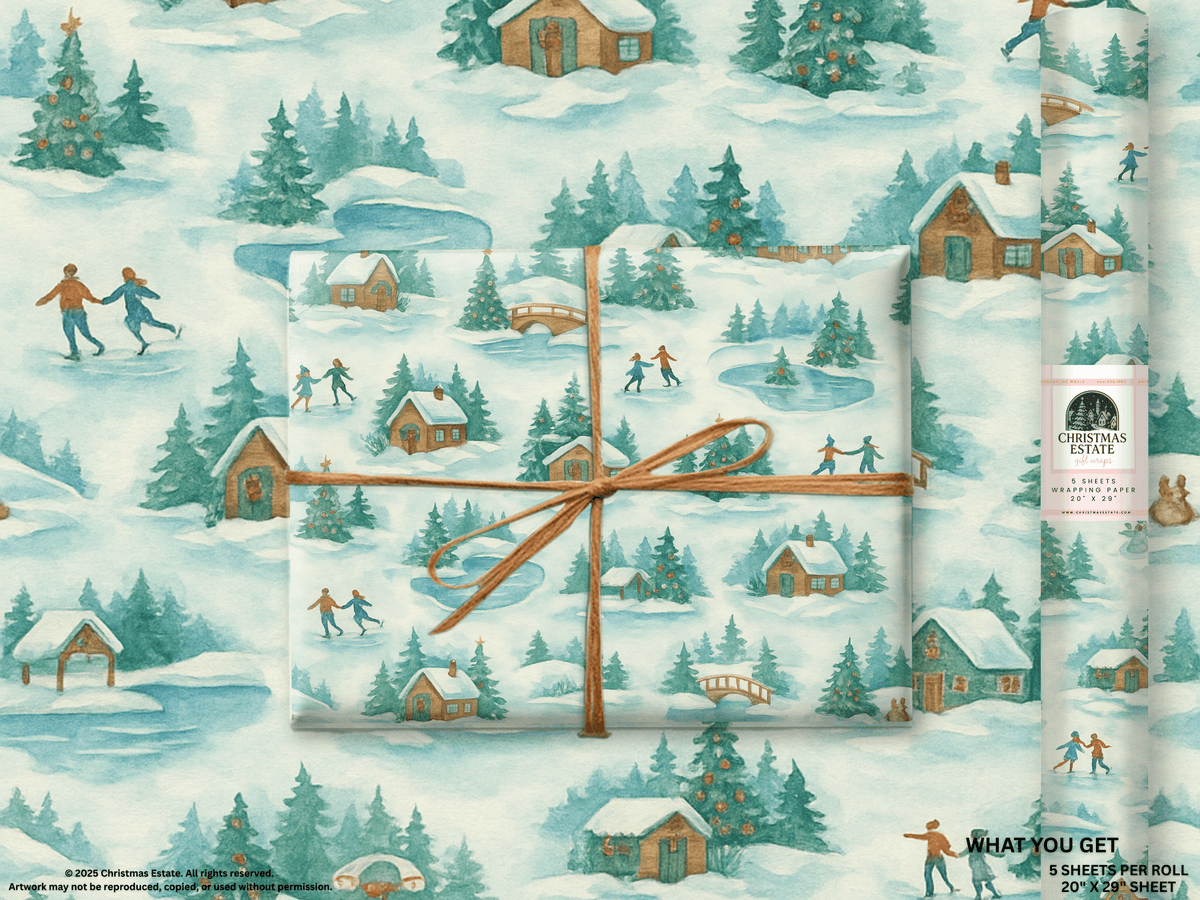 Skating Winter Christmas Wrapping Paper featuring hand-painted winter scenes and cozy cabins in a frosty palette.