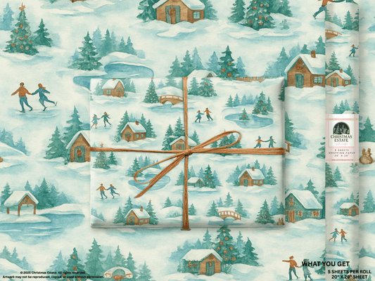 Skating Winter Christmas Wrapping Paper featuring hand-painted winter scenes and cozy cabins in a frosty palette.