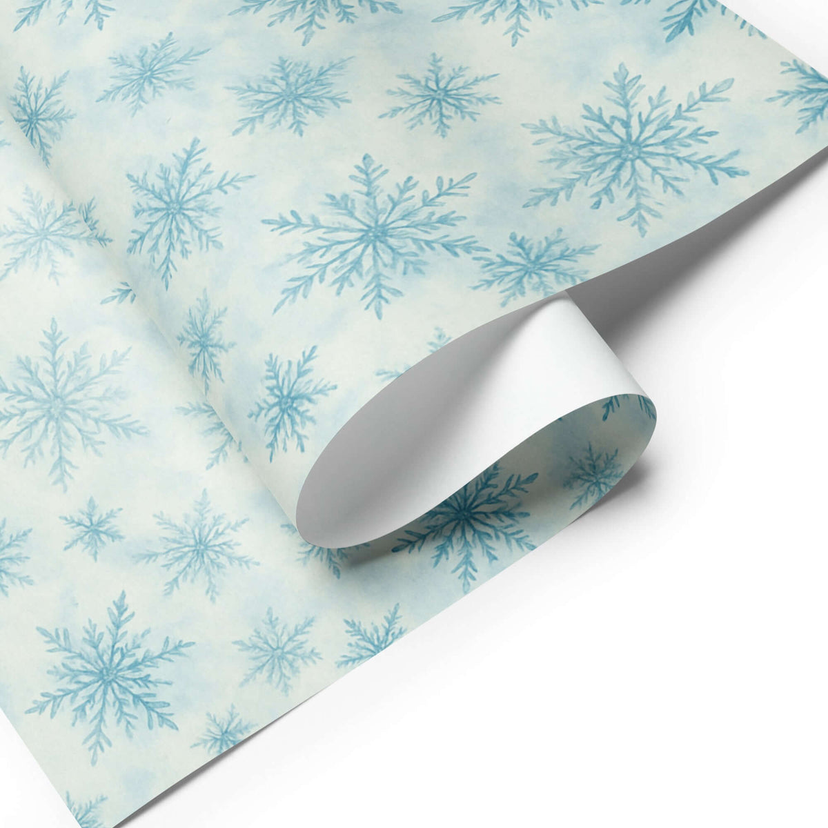 Snowflakes Christmas Wrapping Paper featuring delicate hand-painted snowflakes in icy blue and white.