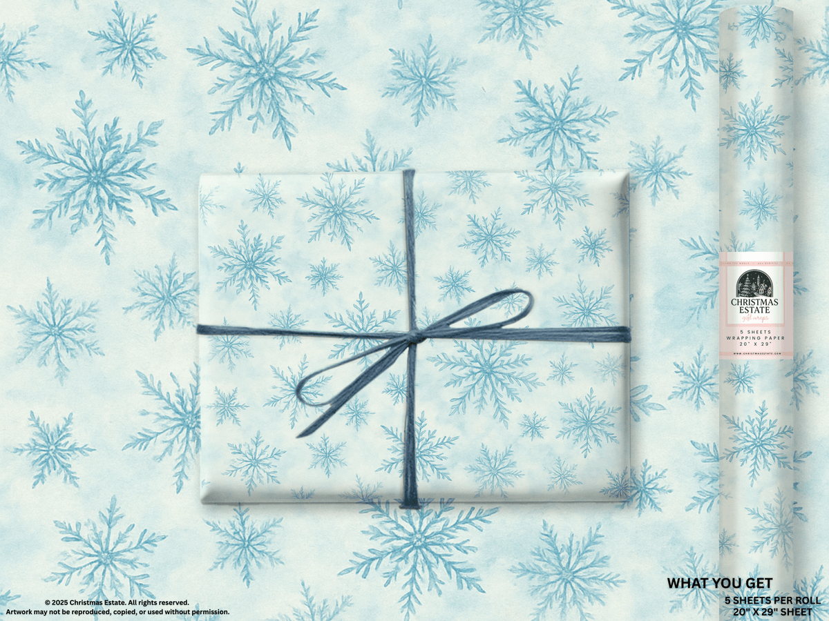 Snowflakes Christmas Wrapping Paper featuring hand-painted snowflakes in icy blue and white, perfect for holiday gifts.
