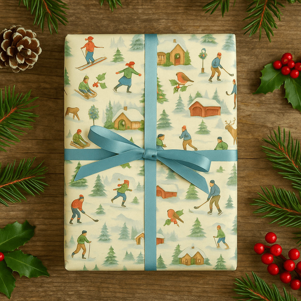 Luxury Christmas wrapping paper with watercolor design featuring winter sports scenes, nestled among pine and holly.