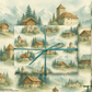 Switzerland Wrapping Paper featuring hand-painted alpine cottages and misty mountains in soft watercolor tones.