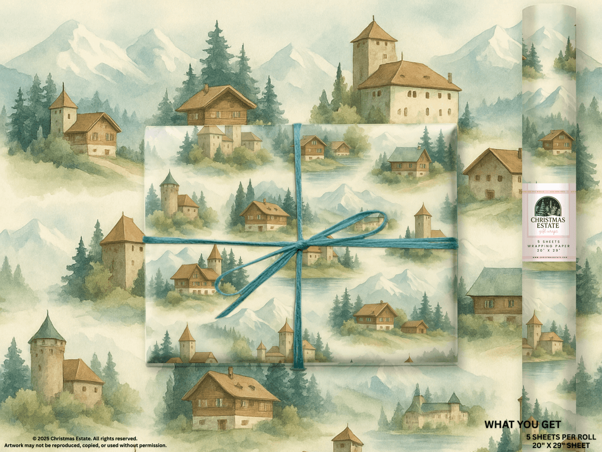 Switzerland Wrapping Paper featuring hand-painted alpine cottages and misty mountains in soft watercolor tones.
