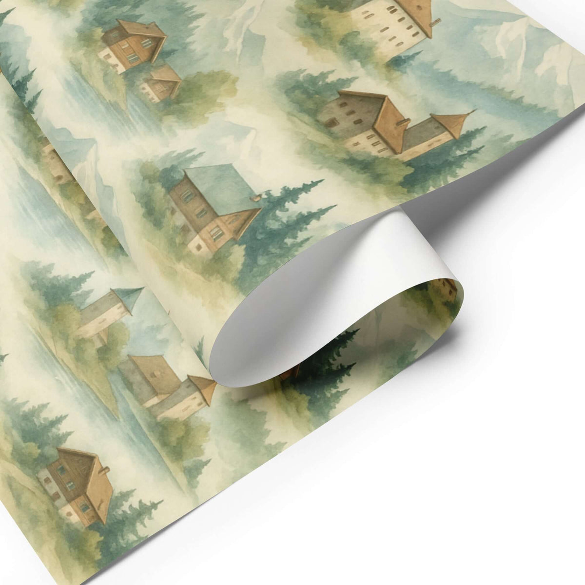 Switzerland Wrapping Paper featuring charming watercolor scenes of alpine chalets and serene landscapes.