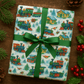 Vibrant watercolor luxury Christmas wrapping paper featuring nostalgic steam trains and snowy landscapes.