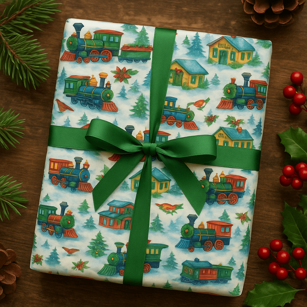 Vibrant watercolor luxury Christmas wrapping paper featuring nostalgic steam trains and snowy landscapes.