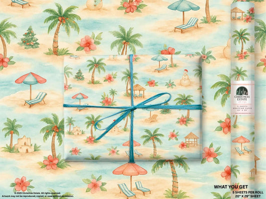 Luxury Christmas wrapping paper featuring a tropical beach watercolor design with palm trees and hibiscus flowers.