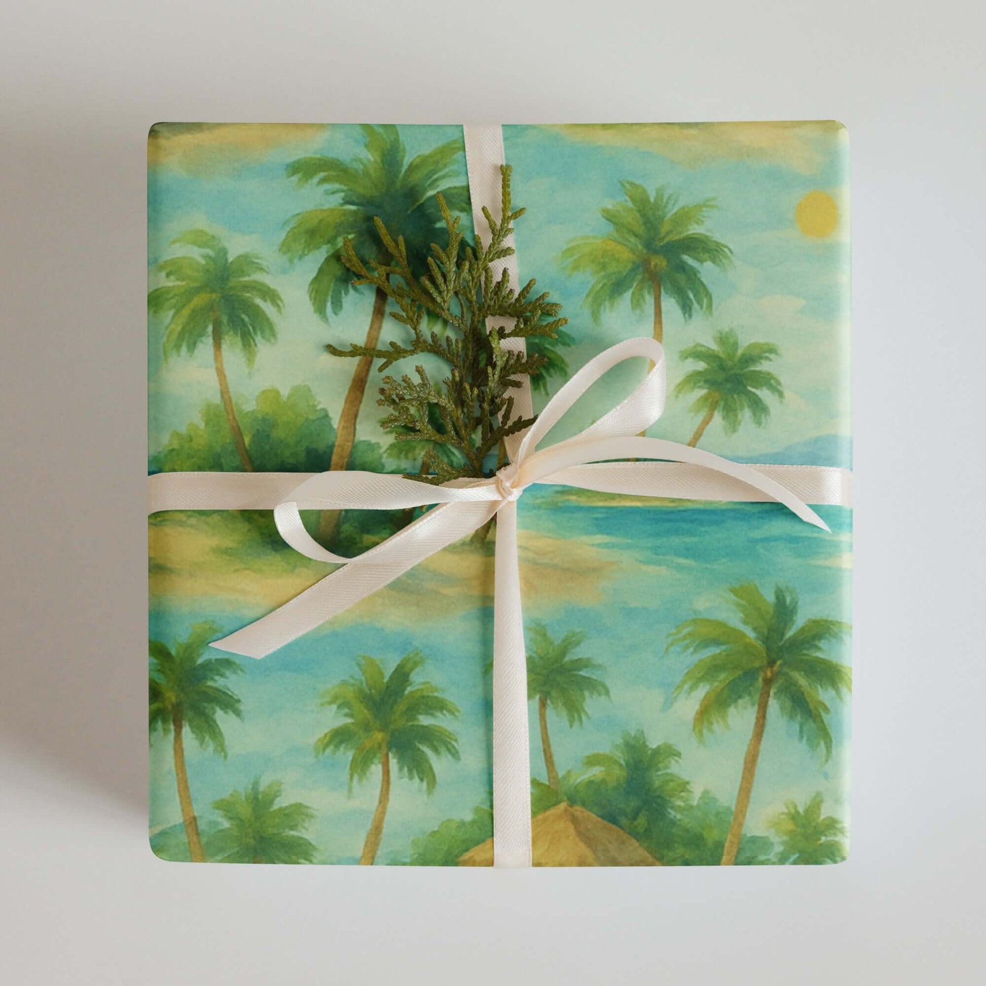 Luxury Christmas wrapping paper featuring a serene tropical beach watercolor design with palm trees and soothing colors.