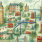 UK British Wrapping Paper with London icons and Union Jack in soft watercolor tones.
