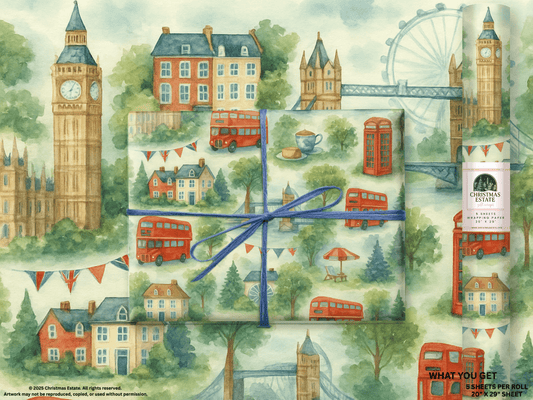 UK British Wrapping Paper with London icons and Union Jack in soft watercolor tones.