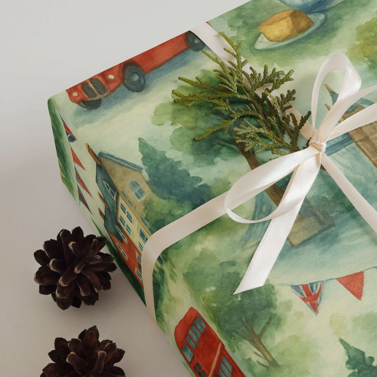 UK British Wrapping Paper featuring London icons like double-decker buses and vibrant greenery.