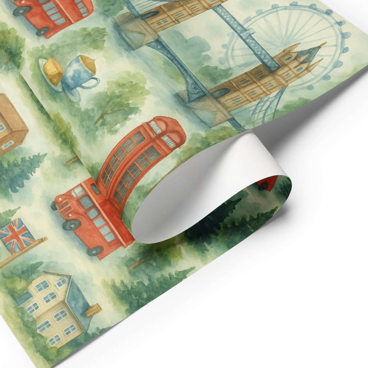 UK British Wrapping Paper featuring iconic London scenes, red buses, and whimsical watercolor designs.