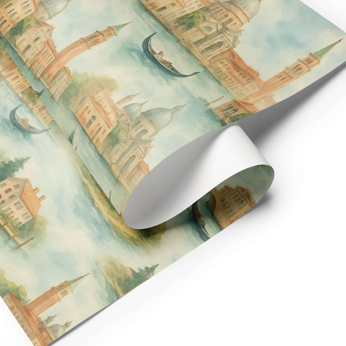Venice Wrapping Paper featuring hand-painted gondolas and iconic Venetian architecture in soft watercolor hues.