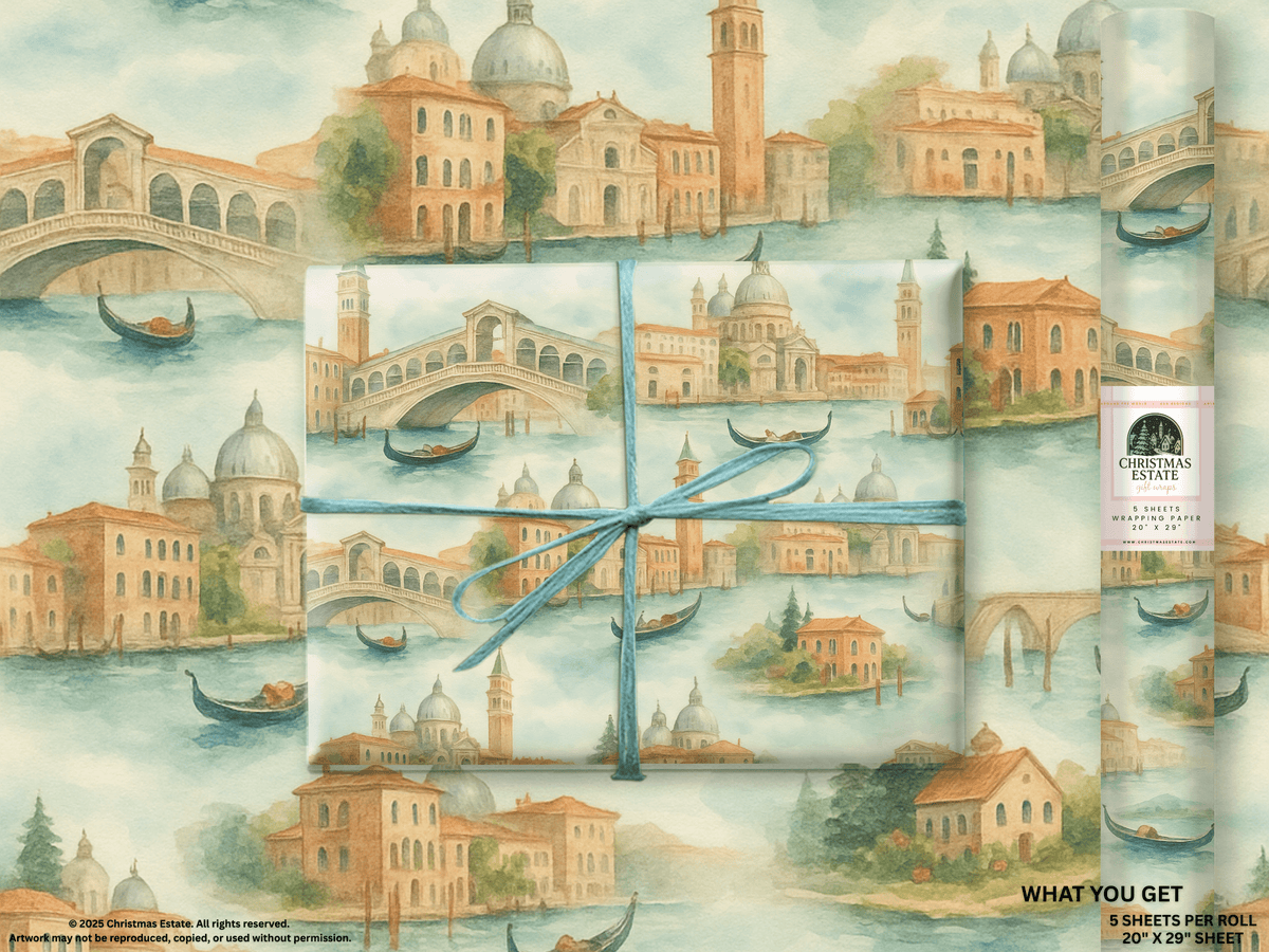 Venice Wrapping Paper featuring hand-painted gondolas and iconic Venetian architecture in soft watercolor hues.