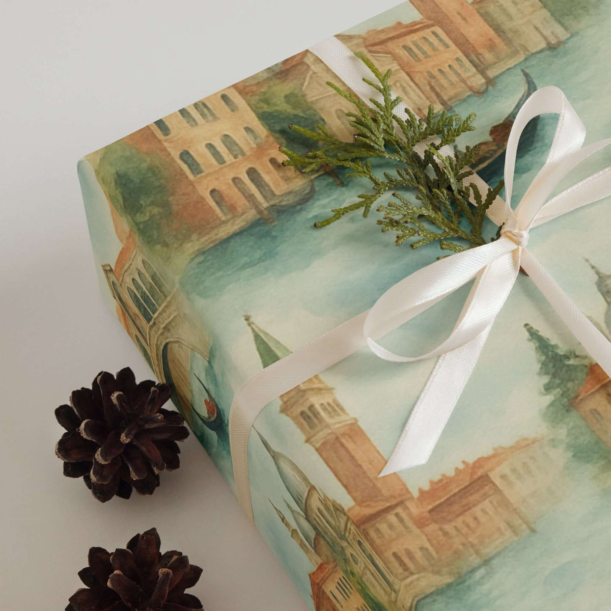 Elegant Venice Wrapping Paper featuring gondolas and canals with soft watercolor hues, perfect for gifting.