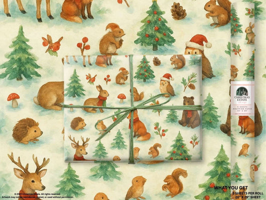 Watercolor woodland animals Christmas wrapping paper, featuring deer, foxes, and festive trees.