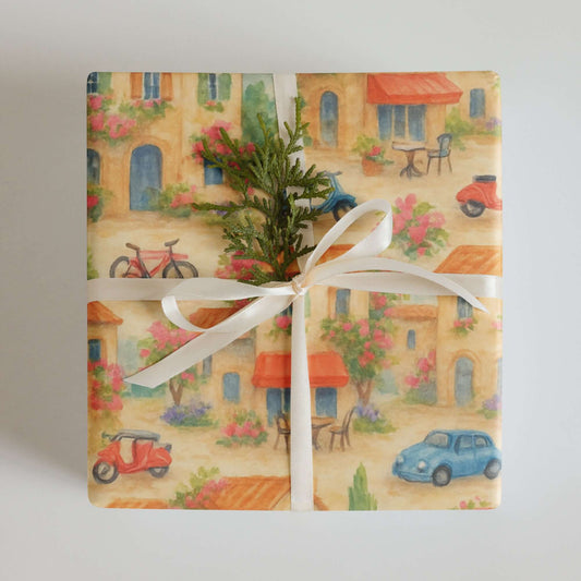 Beautiful luxury Christmas wrapping paper featuring charming European town scenes with watercolor design and eco-friendly materials.