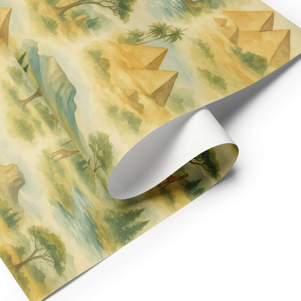 Africa Wrapping Paper featuring pyramids and scenic landscapes in warm golds and greens.