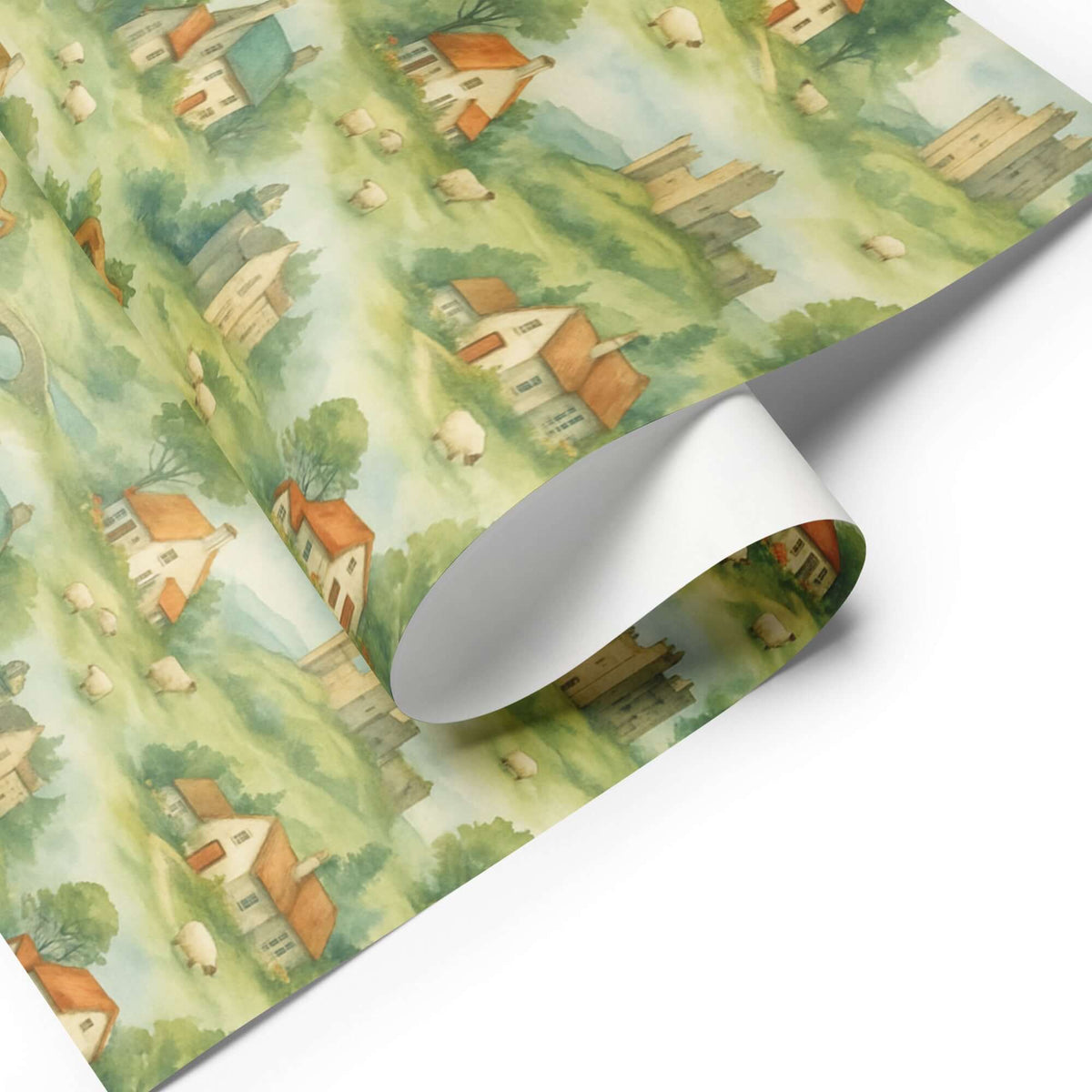 Ireland Wrapping Paper showcasing charming cottages, sheep, and rolling hills of the Irish countryside.