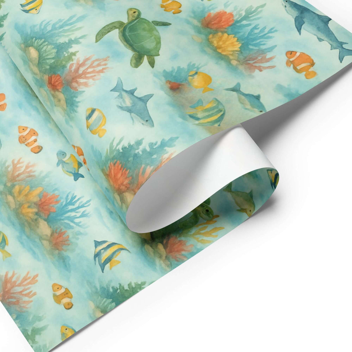 Colorful Coral Reef Wrapping Paper featuring marine life like turtles and clownfish, perfect for ocean-themed gifts.