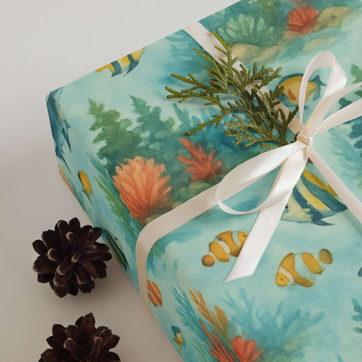 Coral Reef Wrapping Paper with colorful marine life design, featuring clownfish and coral, ideal for ocean-themed gifts.