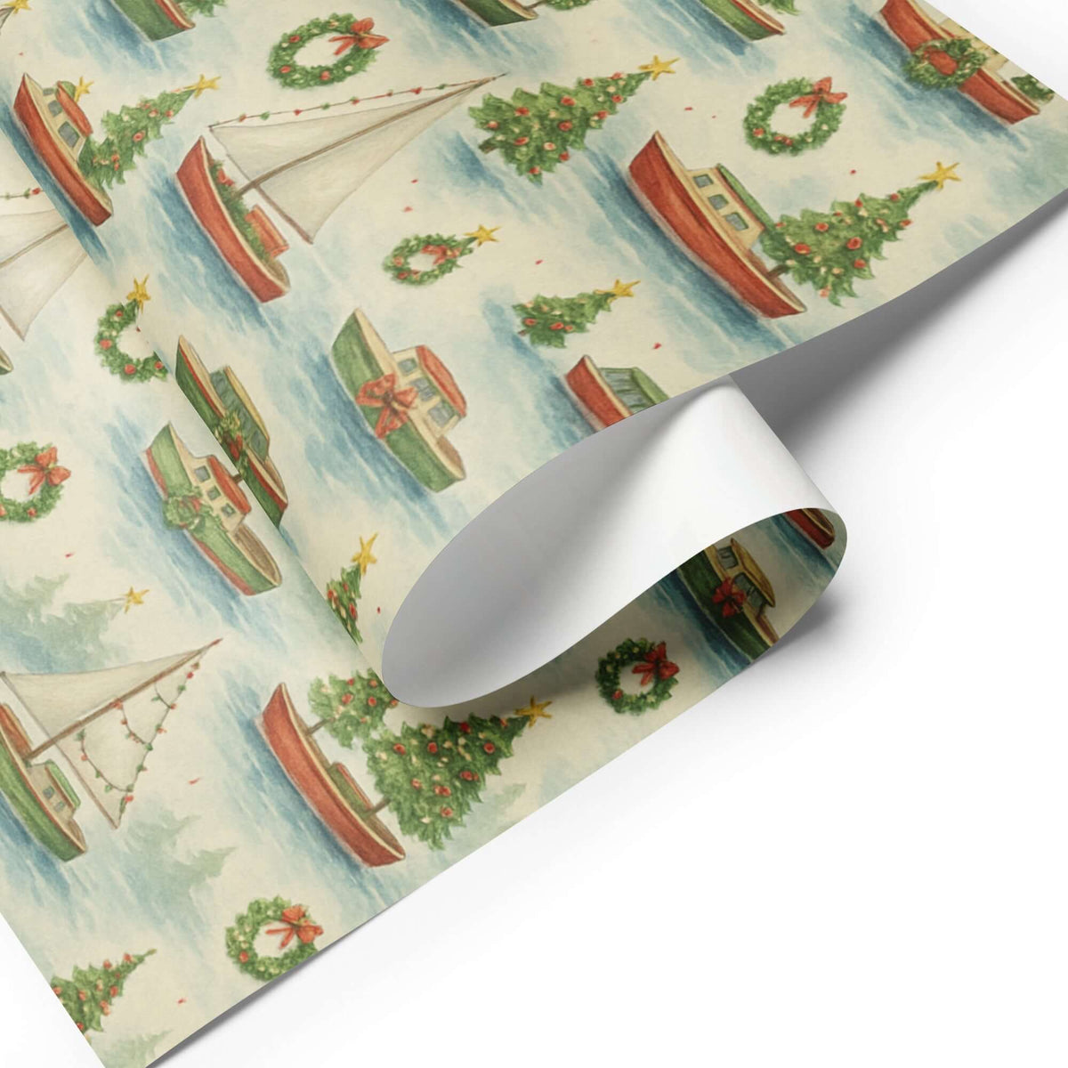 Boats Christmas Wrapping Paper featuring sailboats, yachts, and festive Christmas trees in a watercolor design.