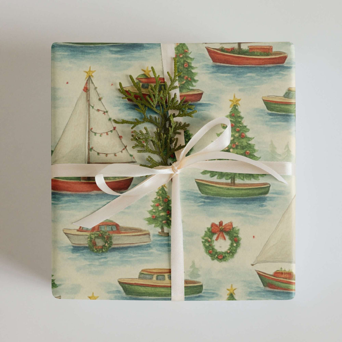 Boats Christmas Wrapping Paper featuring sailboats and festive designs, perfect for holiday gifts and celebrations.