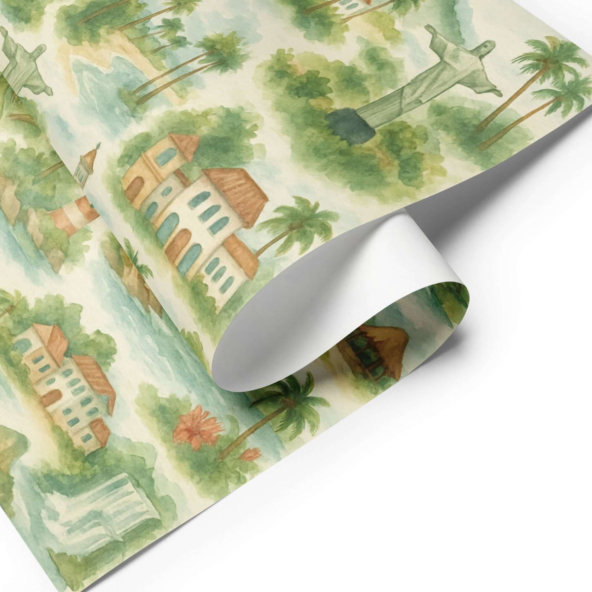 South America Wrapping Paper featuring iconic landmarks like Christ the Redeemer and colonial buildings.