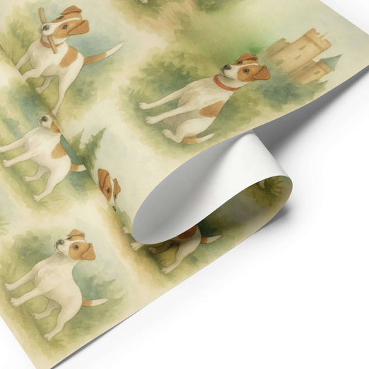 Jack Russells Wrapping Paper featuring playful terriers and gentle watercolor landscapes.