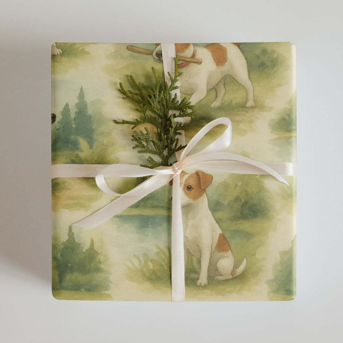 Jack Russells Wrapping Paper featuring playful terriers in a festive design, perfect for dog lovers' holiday gifts.