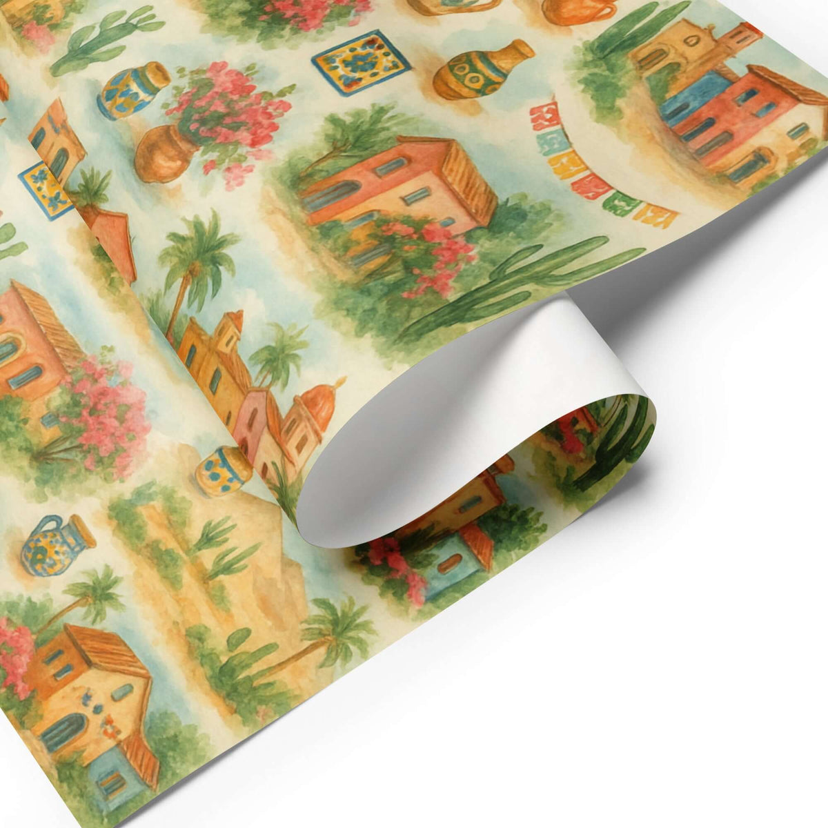 Mexico Wrapping Paper featuring colorful adobe homes, cacti, and festive papel picado design.