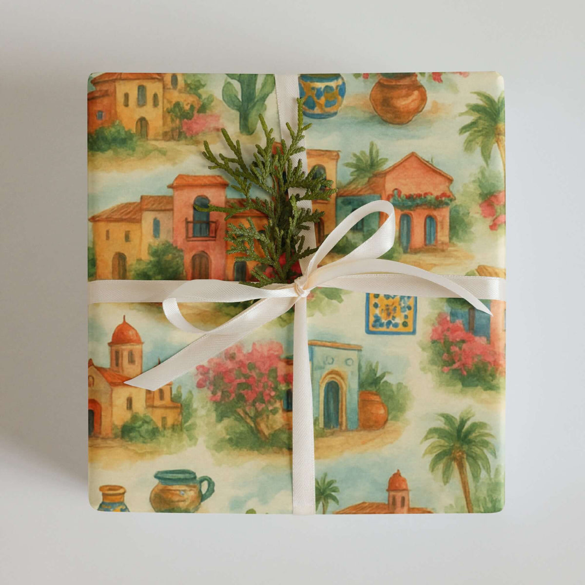 Mexico Wrapping Paper featuring charming adobe homes, vibrant colors, and festive designs of rural Mexican villages.