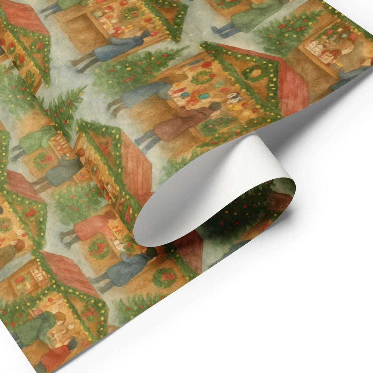Christmas Market Wrapping Paper featuring snowy village stalls and bundled-up shoppers celebrating the holiday spirit.